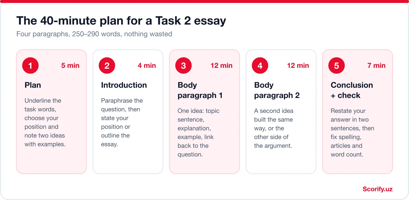 Diagram showing the 40-minute plan for an IELTS Writing Task 2 essay: plan 5 minutes, introduction 4, two body paragraphs 12 each, conclusion and check 7