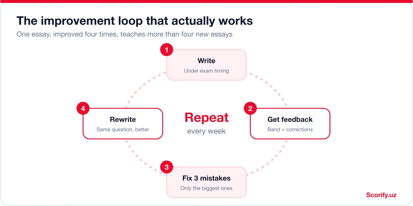 Four-step improvement loop for IELTS Writing: write under exam timing, get feedback, fix three mistakes, rewrite the same question
